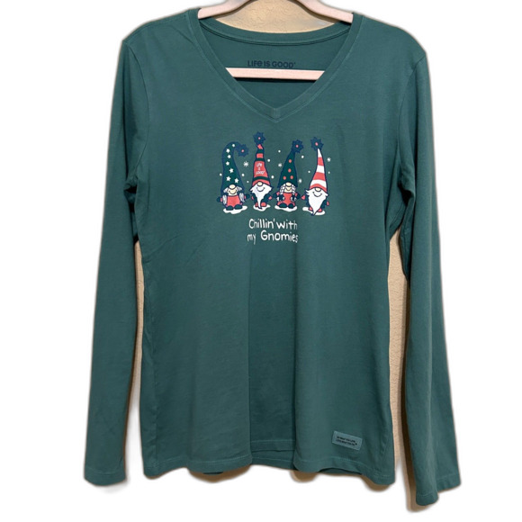 Life is Good Crusher Tee Womens Medium Green Chillin Gnomies Christmas Shirt - Picture 1 of 6